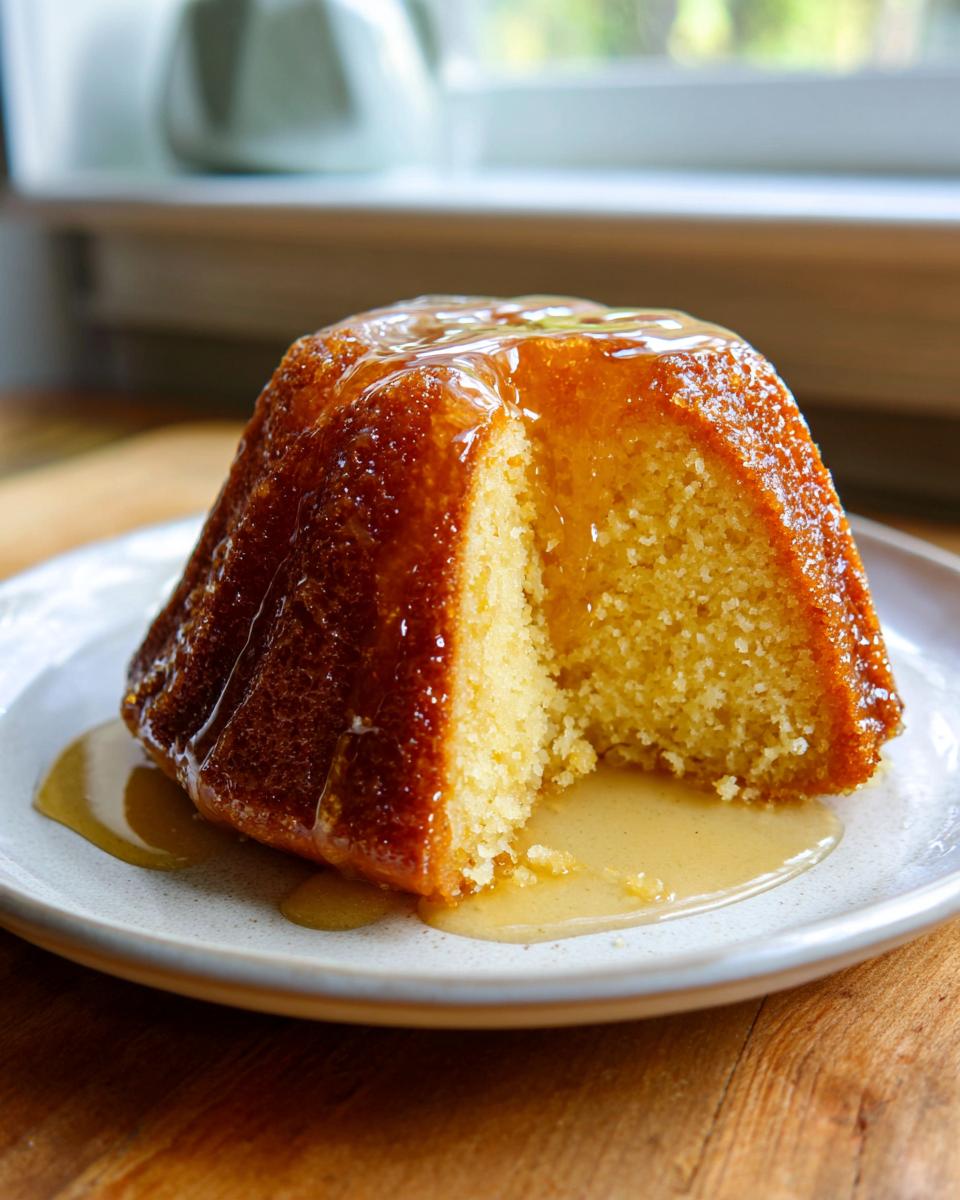 A close-up of a slice of moist Bacardi rum cake, heavily drizzled with a golden rum glaze pooling on the plate.