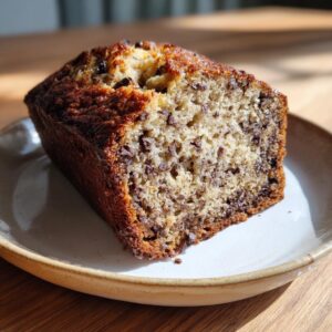 A close-up of a moist slice of chocolate chip banana bread recipe on a light ceramic plate.