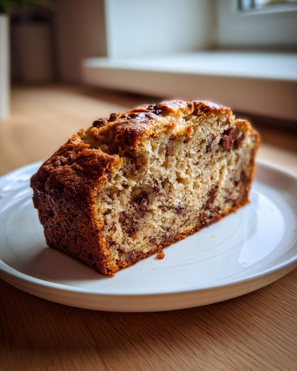 A thick slice of moist banana bread recipe studded with chocolate chips, resting on a white plate.