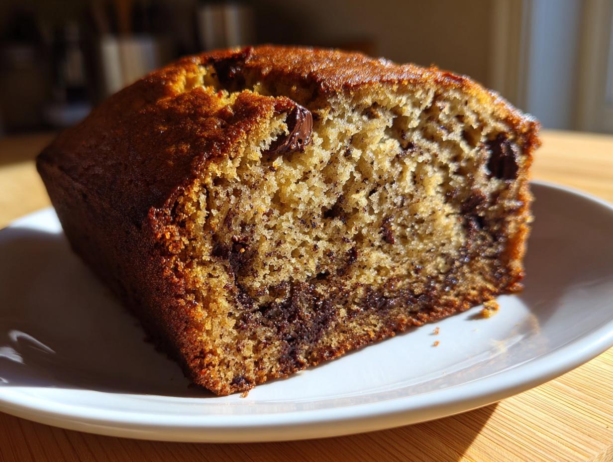 Close-up of a moist slice of chocolate chip banana bread recipe, showing the crumb texture and dark chocolate chunks.