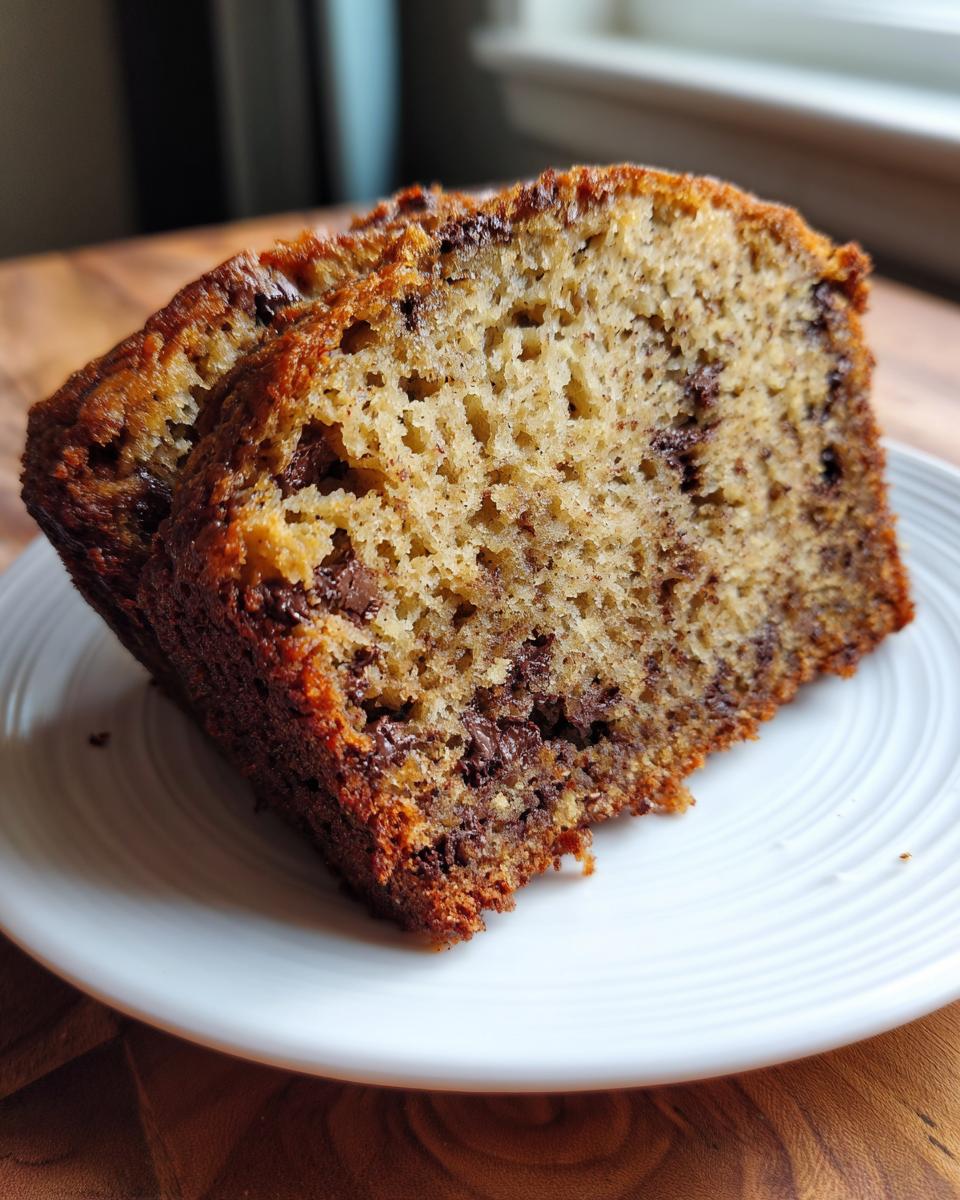 Two slices of moist banana bread recipe studded with chocolate chips, resting on a white plate.