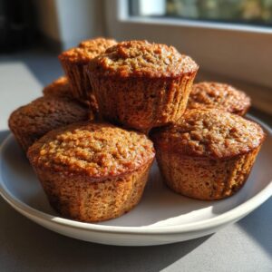 A stack of six golden brown, moist bran muffins sitting on a light-colored plate near a window.