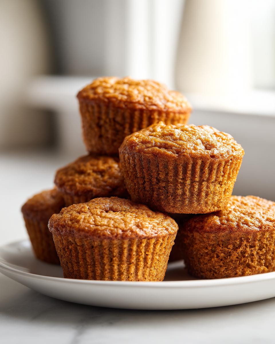 A close-up stack of six golden brown, moist bran muffins piled high on a white plate.