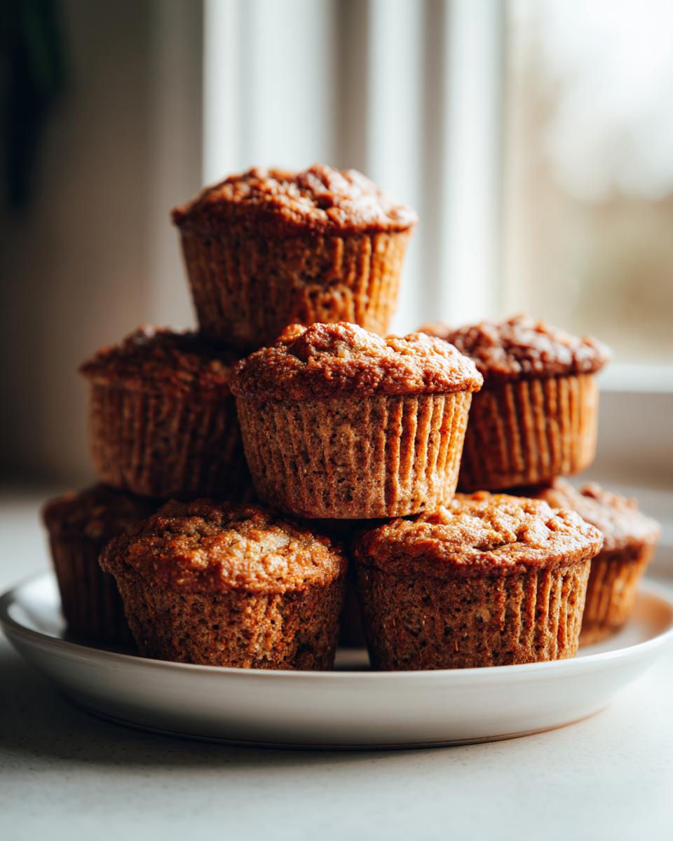 A stack of freshly baked, moist bran muffins piled high on a white plate near a window.