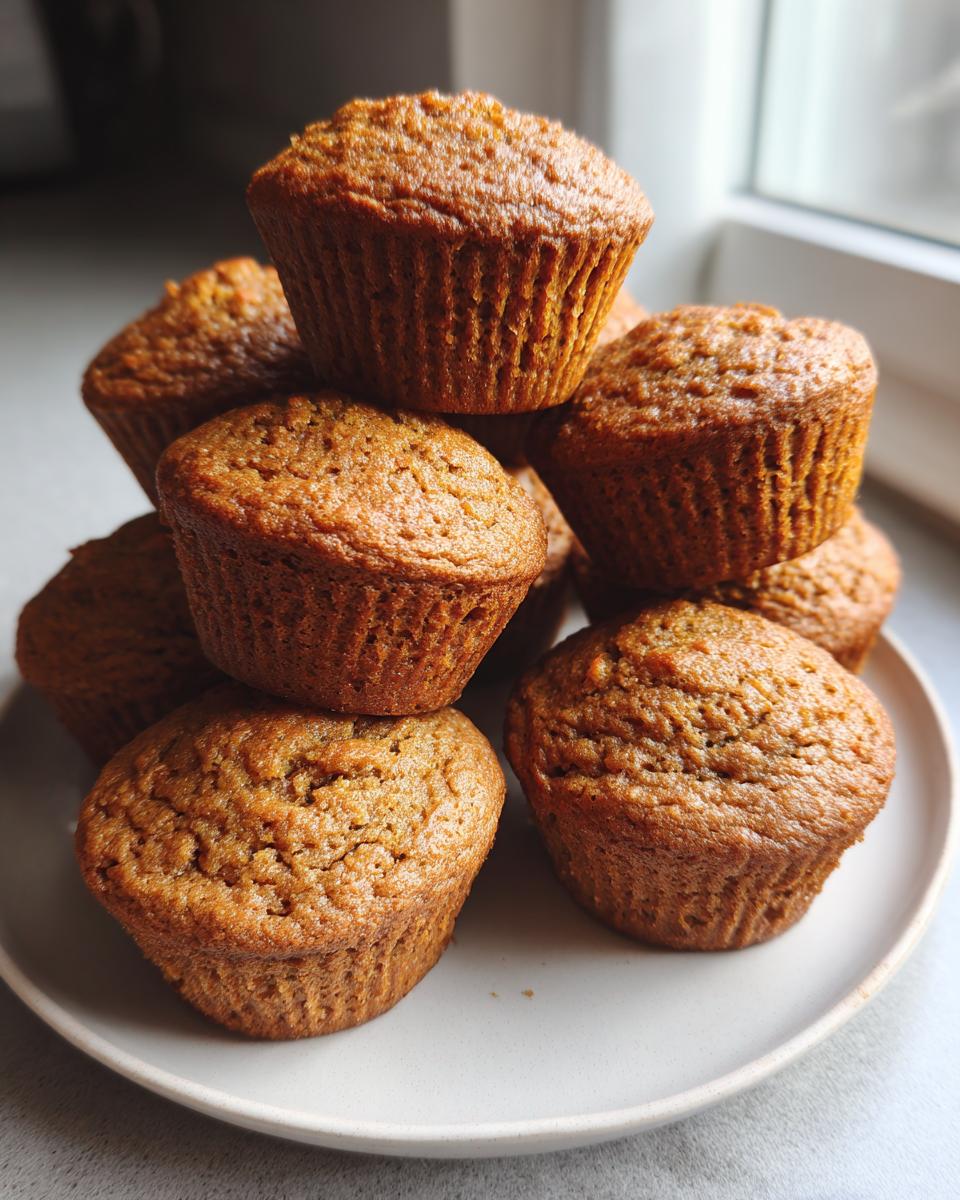 A close-up stack of several freshly baked, moist bran muffins piled high on a light gray plate.