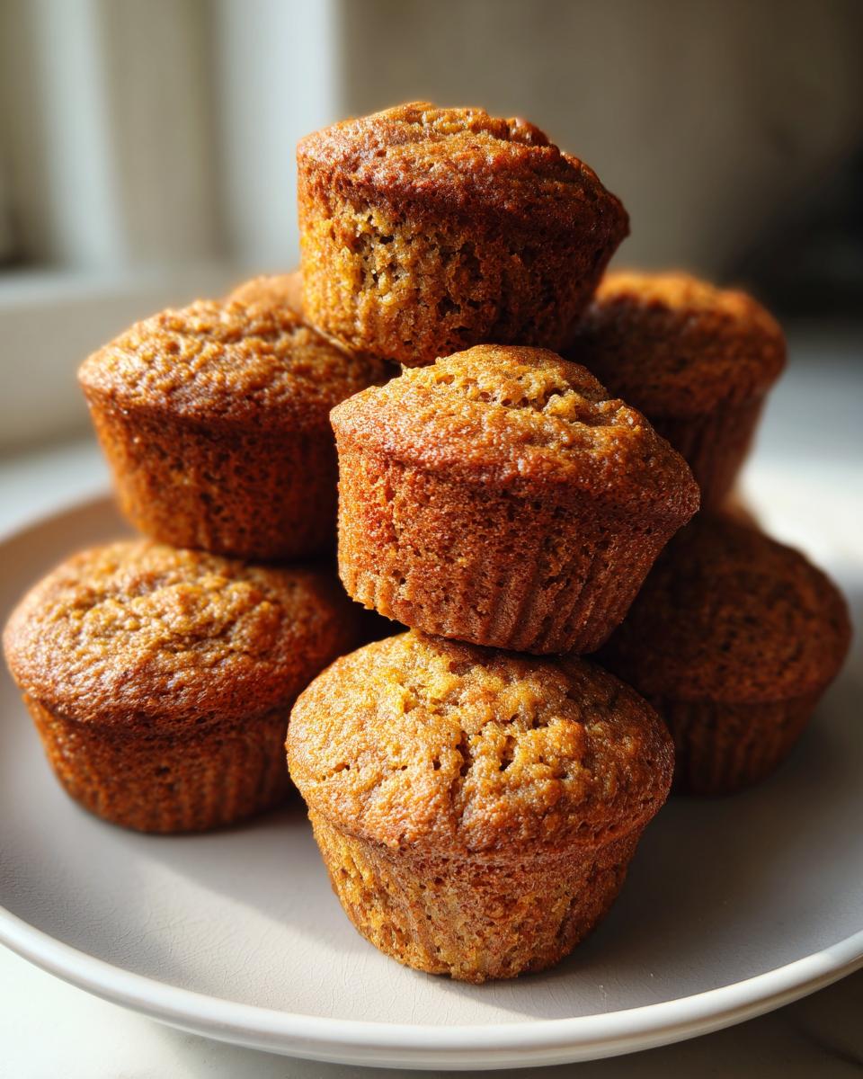 A close-up stack of six golden-brown, moist bran muffins piled on a light-colored plate.