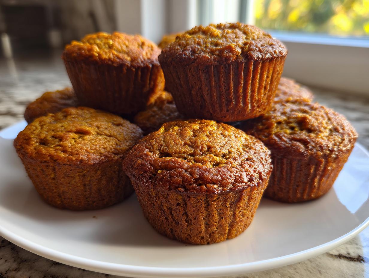 A close-up of several moist bran muffins stacked high on a white plate, ready to be served.