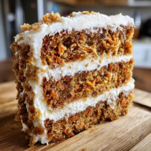 Close-up of a thick, moist slice of carrot cake recipe showing three layers of cake filled with cream cheese frosting.