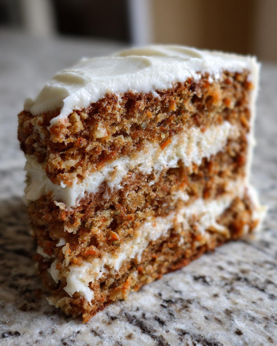 Close-up of a moist, layered slice of carrot cake recipe with thick cream cheese frosting.