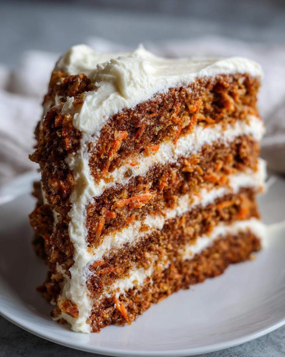 Close-up of a thick, three-layer slice of moist carrot cake recipe with rich cream cheese frosting.