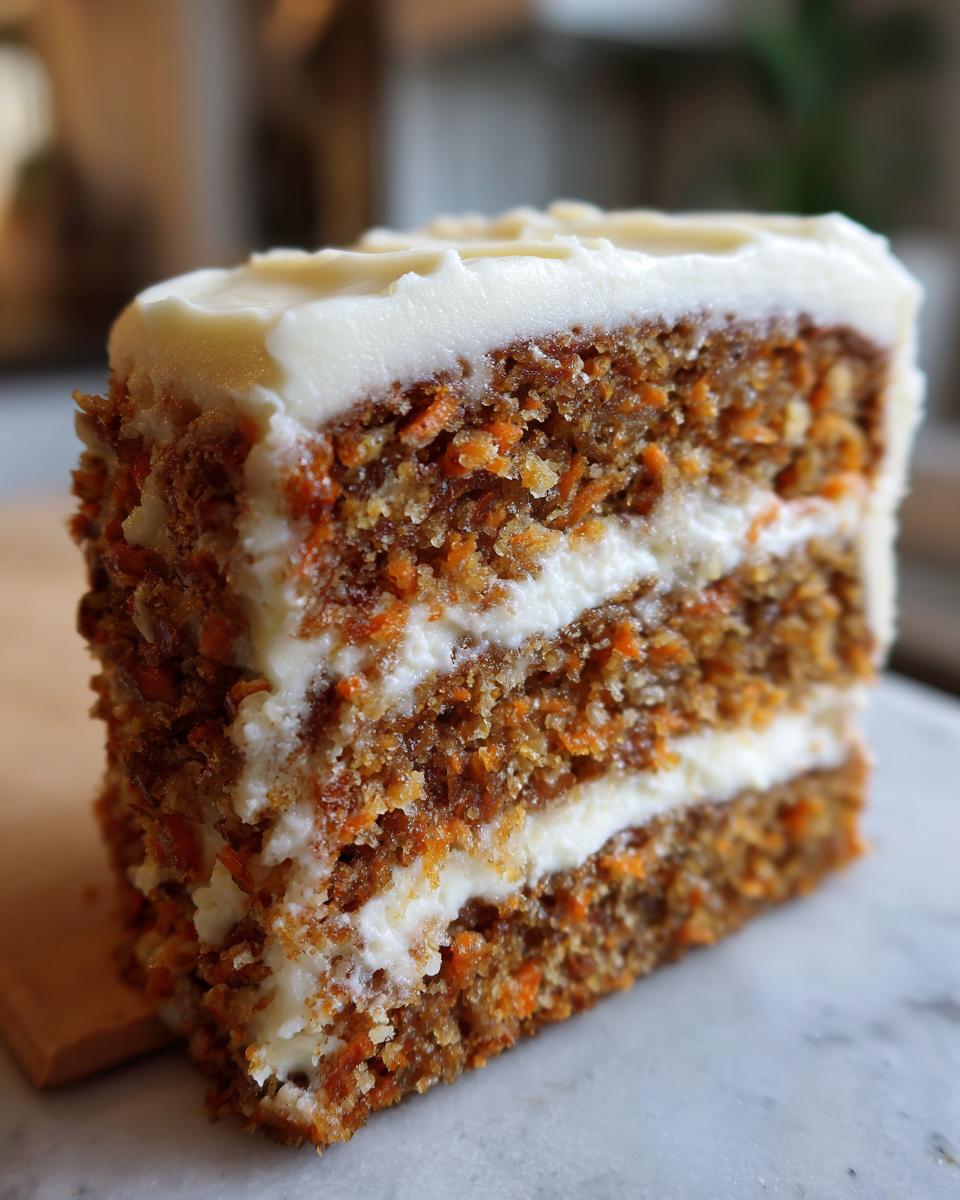 Close-up of a thick slice of moist carrot cake recipe showing layers of spiced cake and cream cheese frosting.