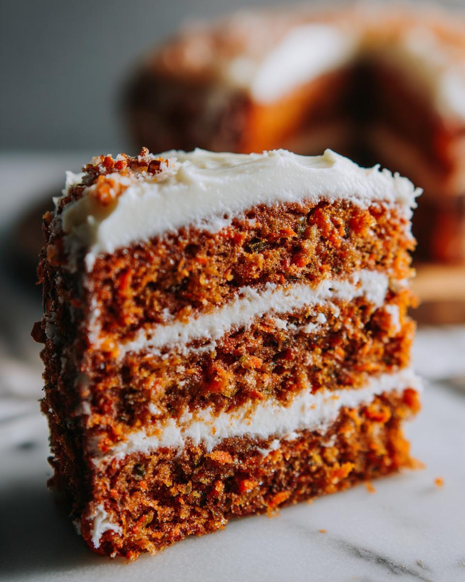Close-up of a moist, three-layer slice of carrot cake recipe topped with thick cream cheese frosting.
