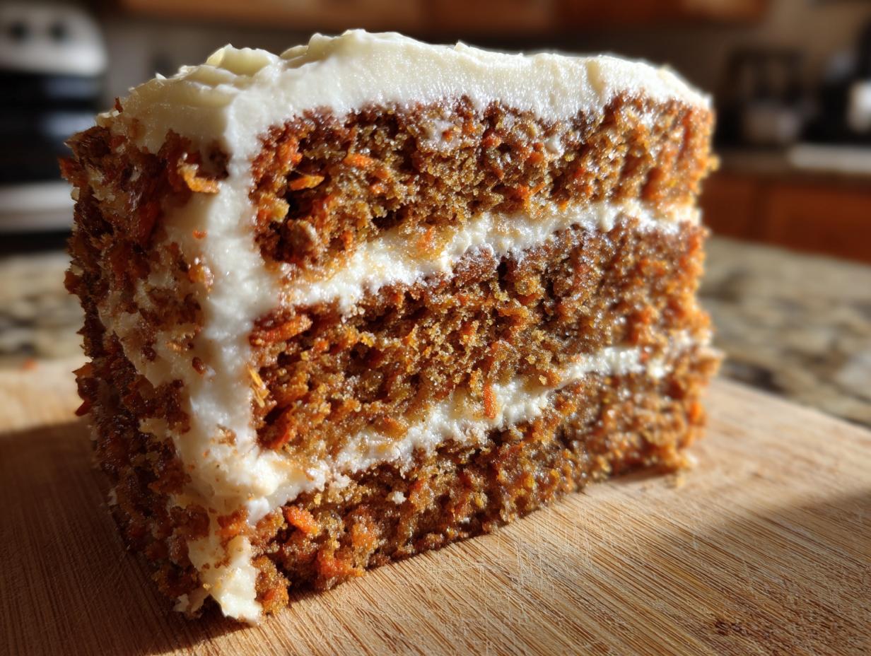 Close-up of a thick, moist slice of three-layer carrot cake recipe with rich cream cheese frosting.
