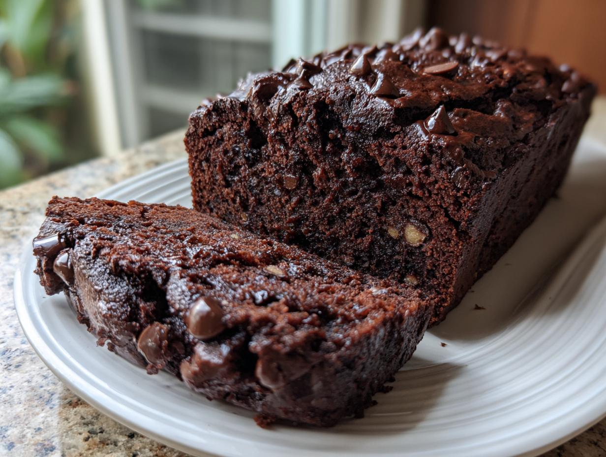A moist, dark chocolate banana bread loaf with a slice cut, topped generously with melted chocolate chips.