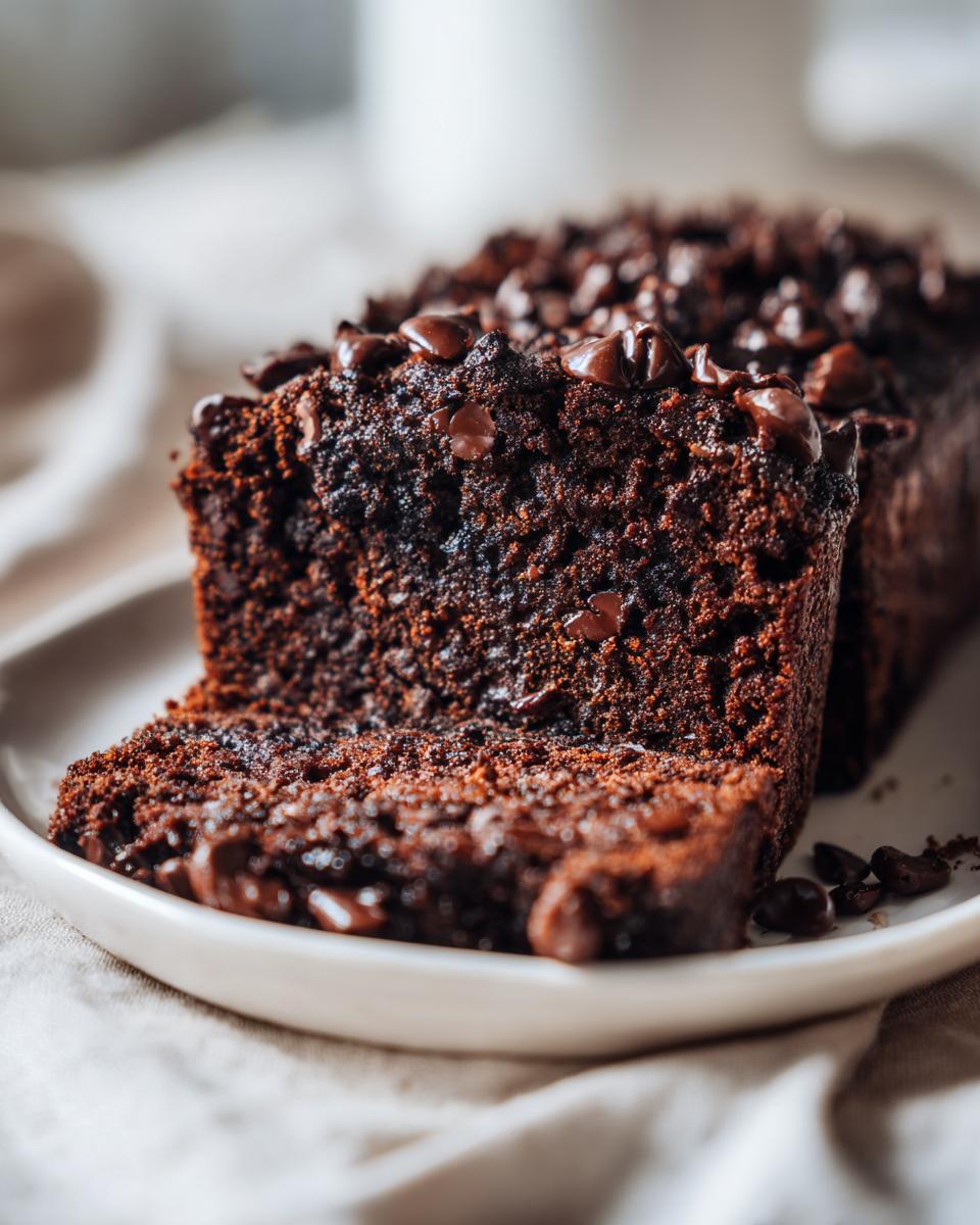 A close-up of moist chocolate banana bread, sliced and topped generously with melted chocolate chips.