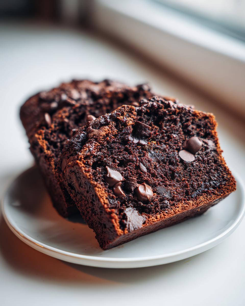 Two thick slices of moist chocolate banana bread packed with chocolate chips, served on a white plate.