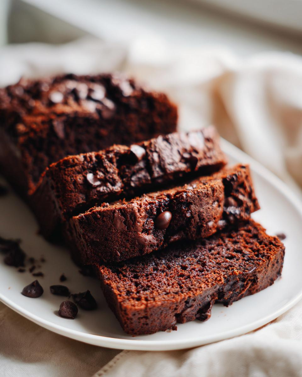 Three moist slices of dark chocolate banana bread, studded with chocolate chips, served on a white plate.