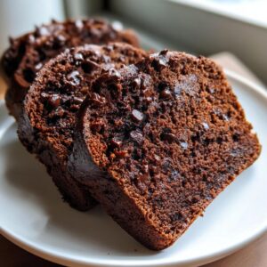 Close-up of three moist slices of rich chocolate banana bread studded with chocolate chips on a white plate.