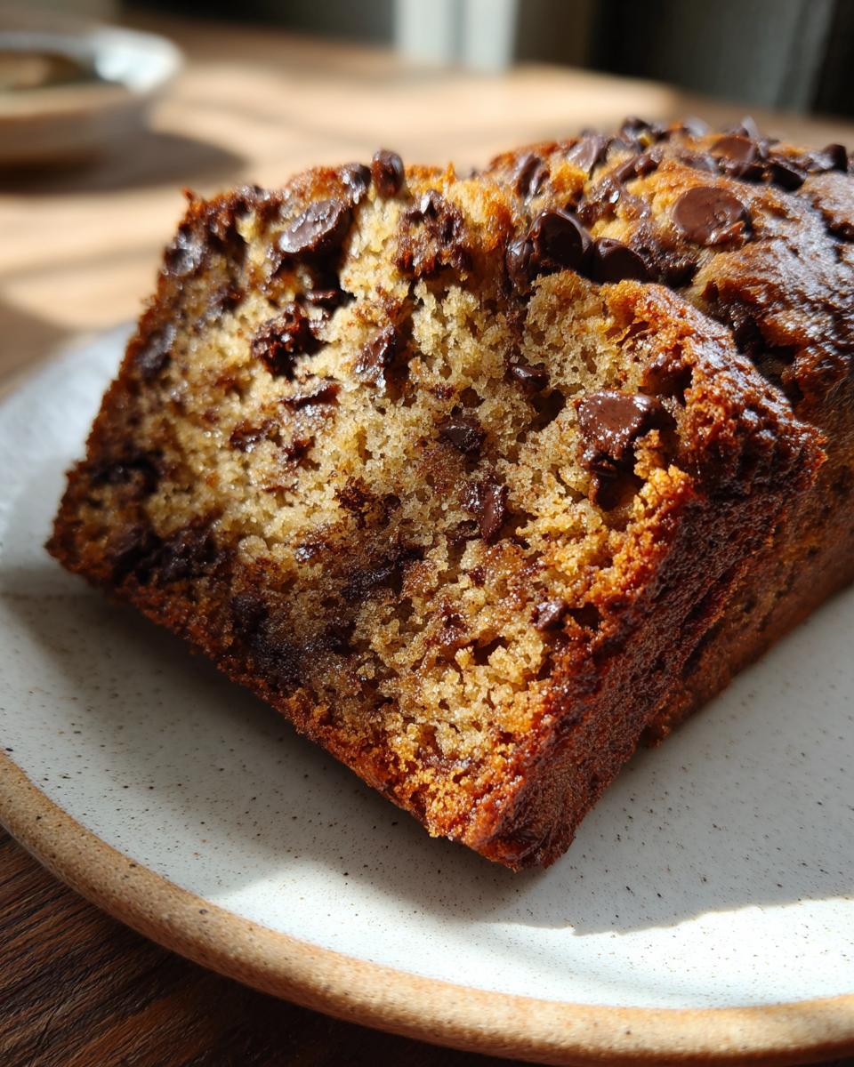 Close-up of a moist slice of chocolate chip banana bread recipe, showing rich texture and melted chips.