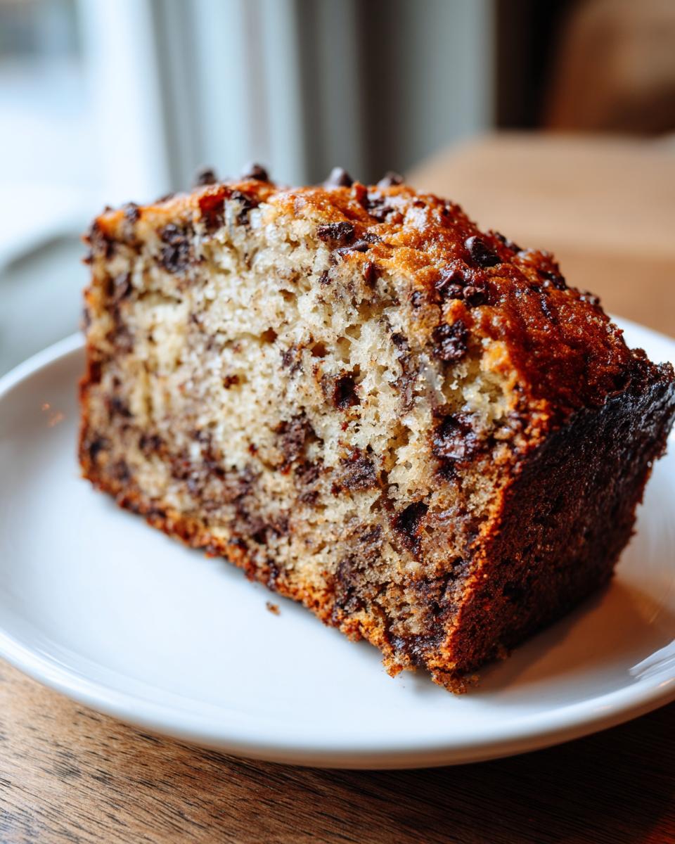 Close-up of a moist slice of chocolate chip banana bread recipe on a white plate.