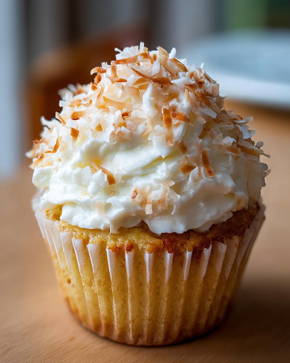 Close-up of a single, moist coconut cupcake topped with white frosting and toasted coconut flakes.