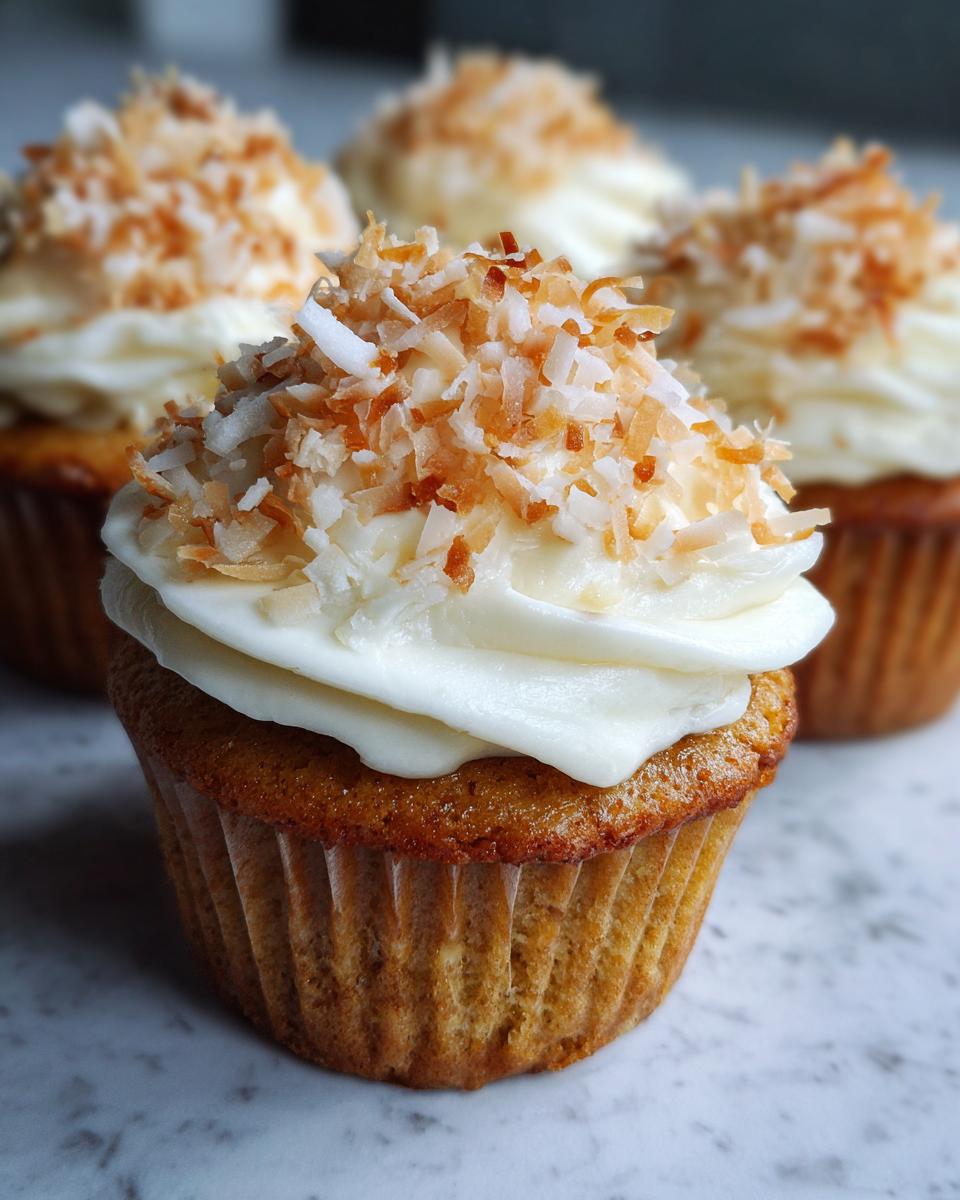 Close-up of a moist coconut cupcake topped with white frosting and toasted coconut flakes.