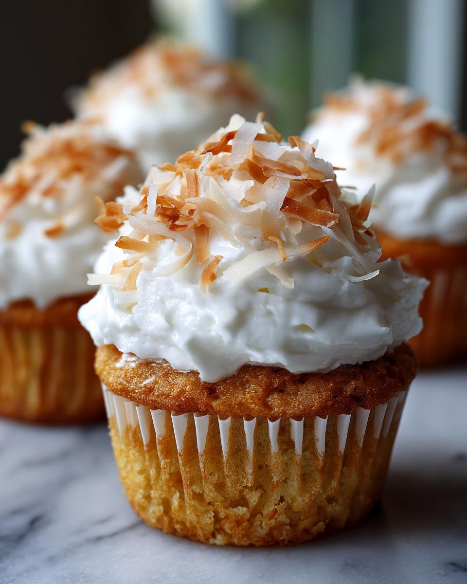 Close-up of a moist coconut cupcake topped with white frosting and toasted coconut flakes.