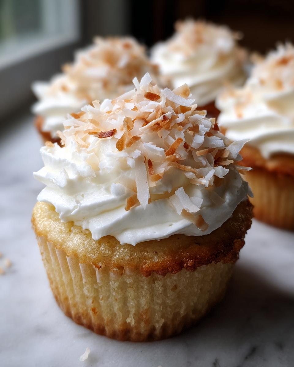 Close-up of a moist coconut cupcake topped with white frosting and toasted coconut flakes.