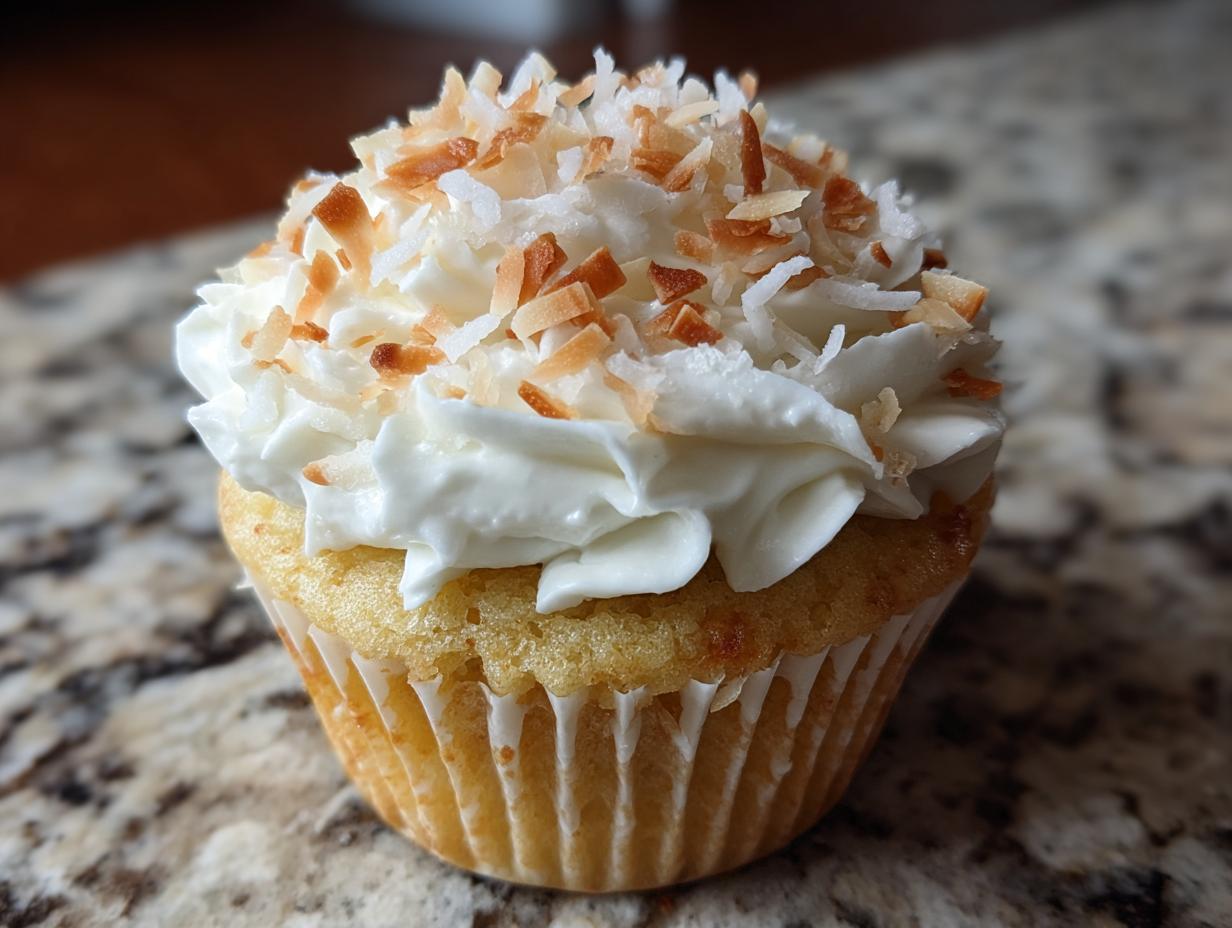 Close-up of a single, moist coconut cupcake topped with white frosting and toasted coconut flakes.
