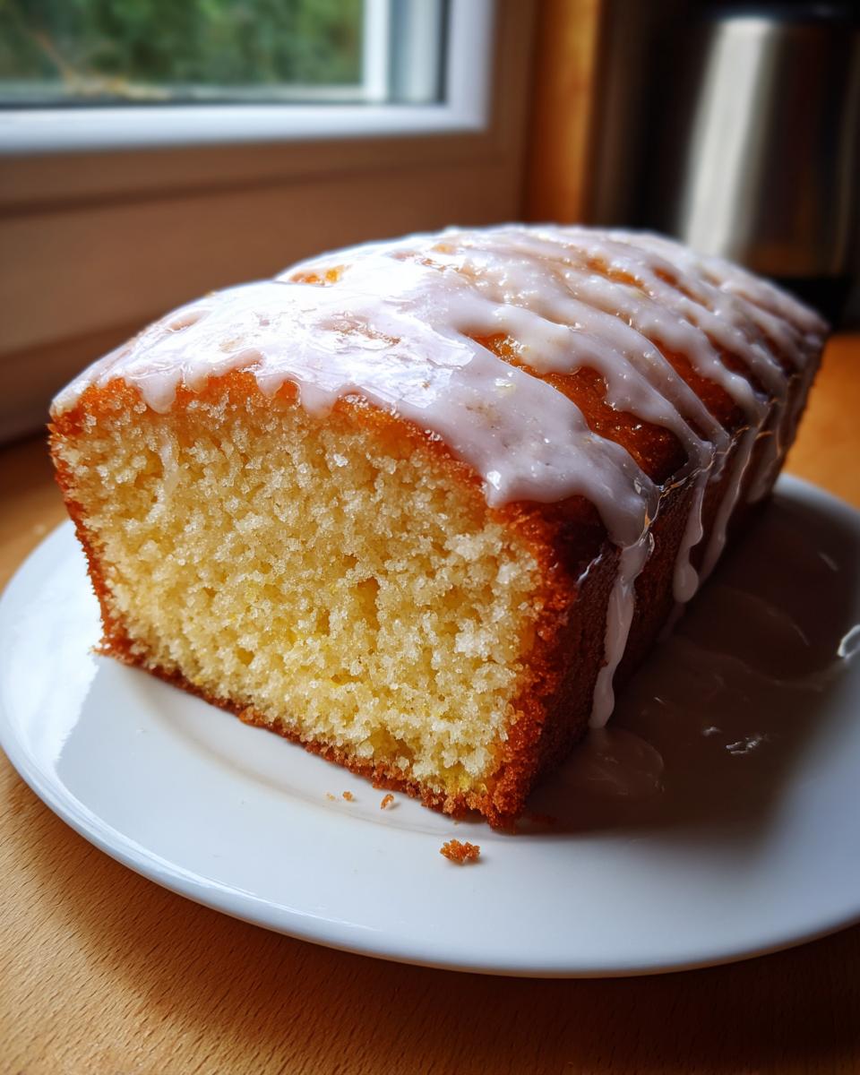 A close-up of a moist lemon loaf cake, sliced and drizzled with white lemon icing, sitting on a white plate.