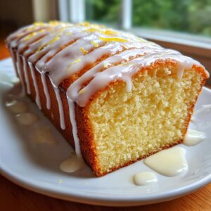 A close-up of a moist lemon loaf cake, heavily drizzled with white glaze and topped with zest.