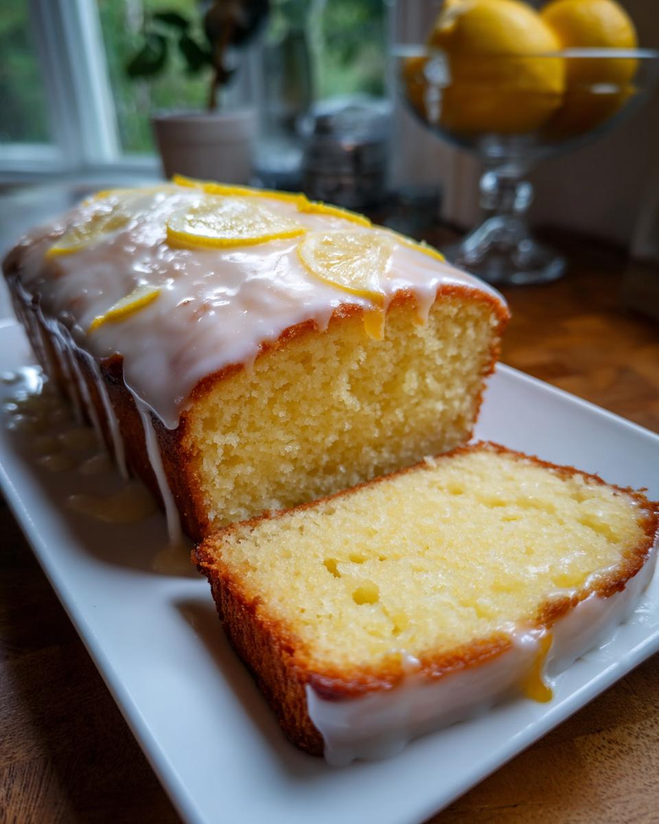 A moist lemon loaf cake, partially sliced, covered in white glaze and thin lemon slices.