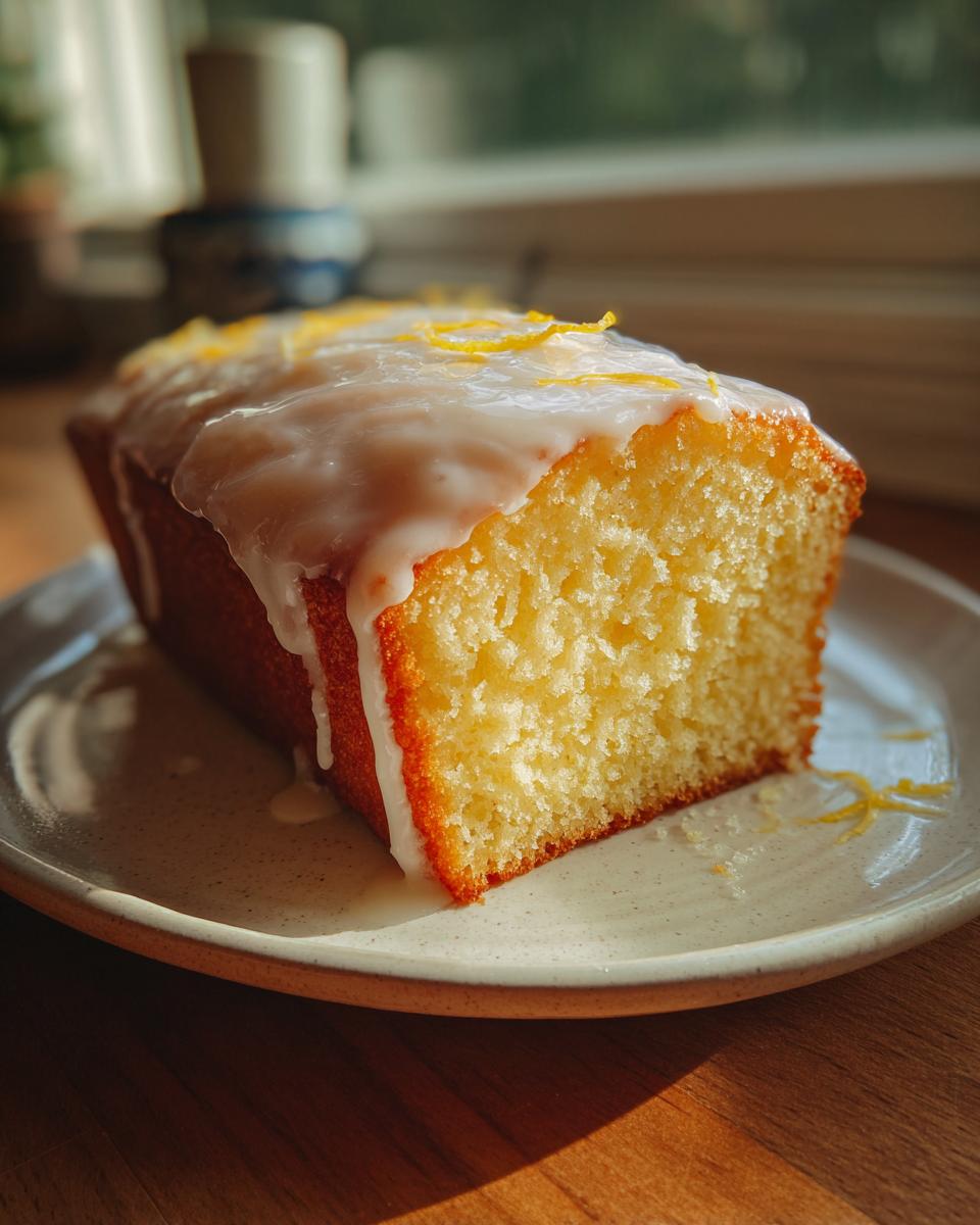 Close-up of a moist slice of lemon loaf cake topped with white glaze and lemon zest.