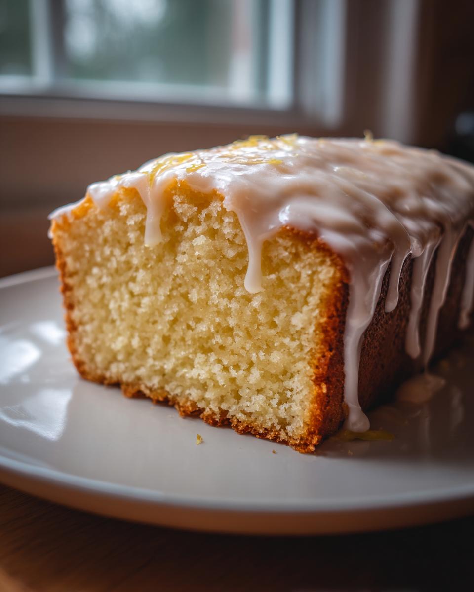 Close-up of a moist slice of lemon loaf cake topped with thick, dripping lemon glaze.