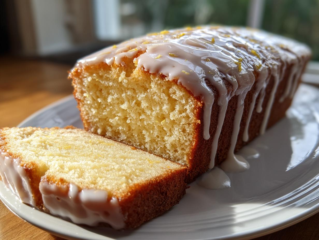 A moist lemon loaf cake, partially sliced, covered in thick white lemon glaze and zest.