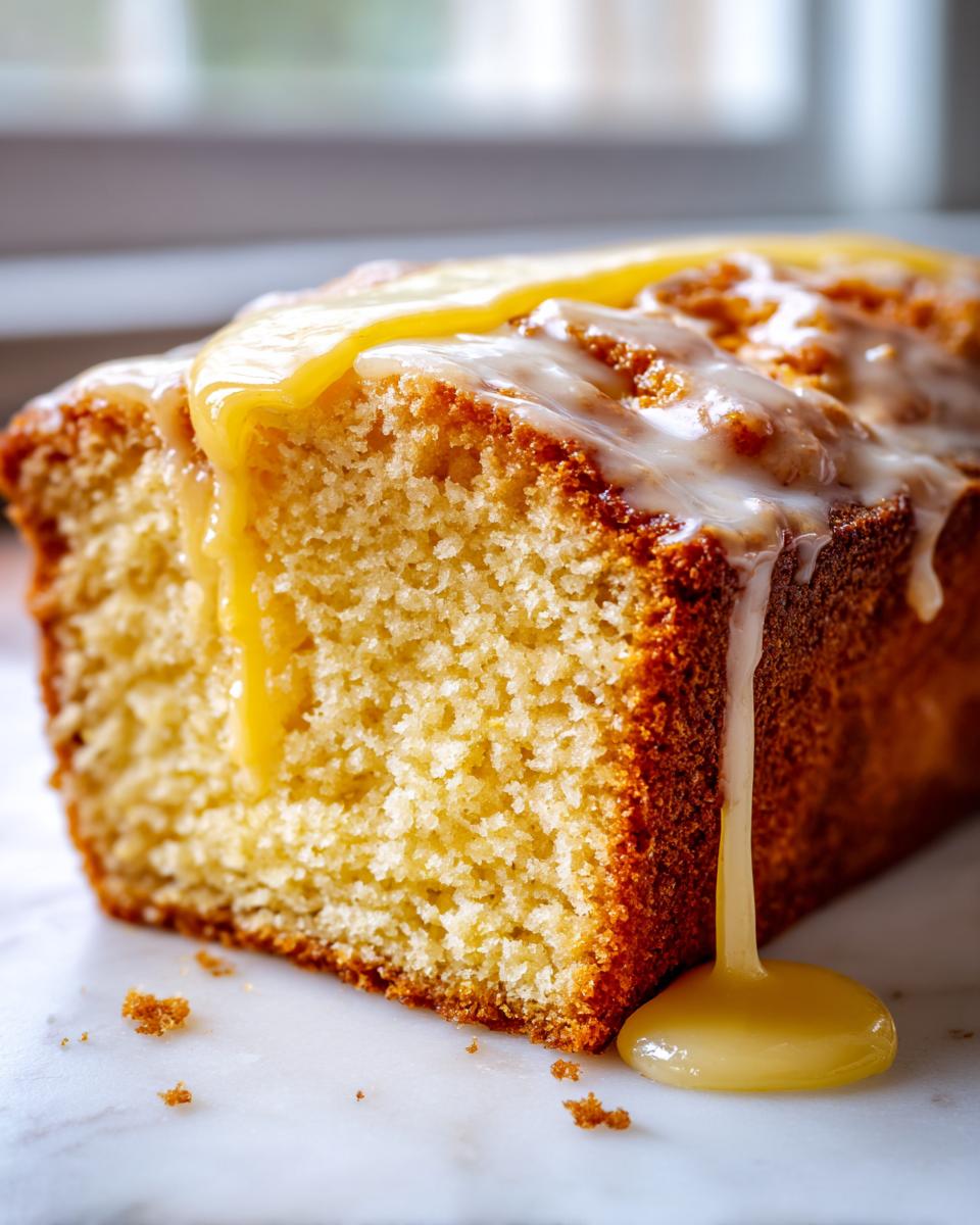Close-up of a moist lemon pound cake loaf with white and yellow glaze dripping down the side.