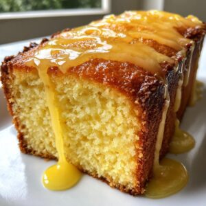 Close-up of a moist slice of lemon pound cake topped with a thick, dripping lemon glaze.
