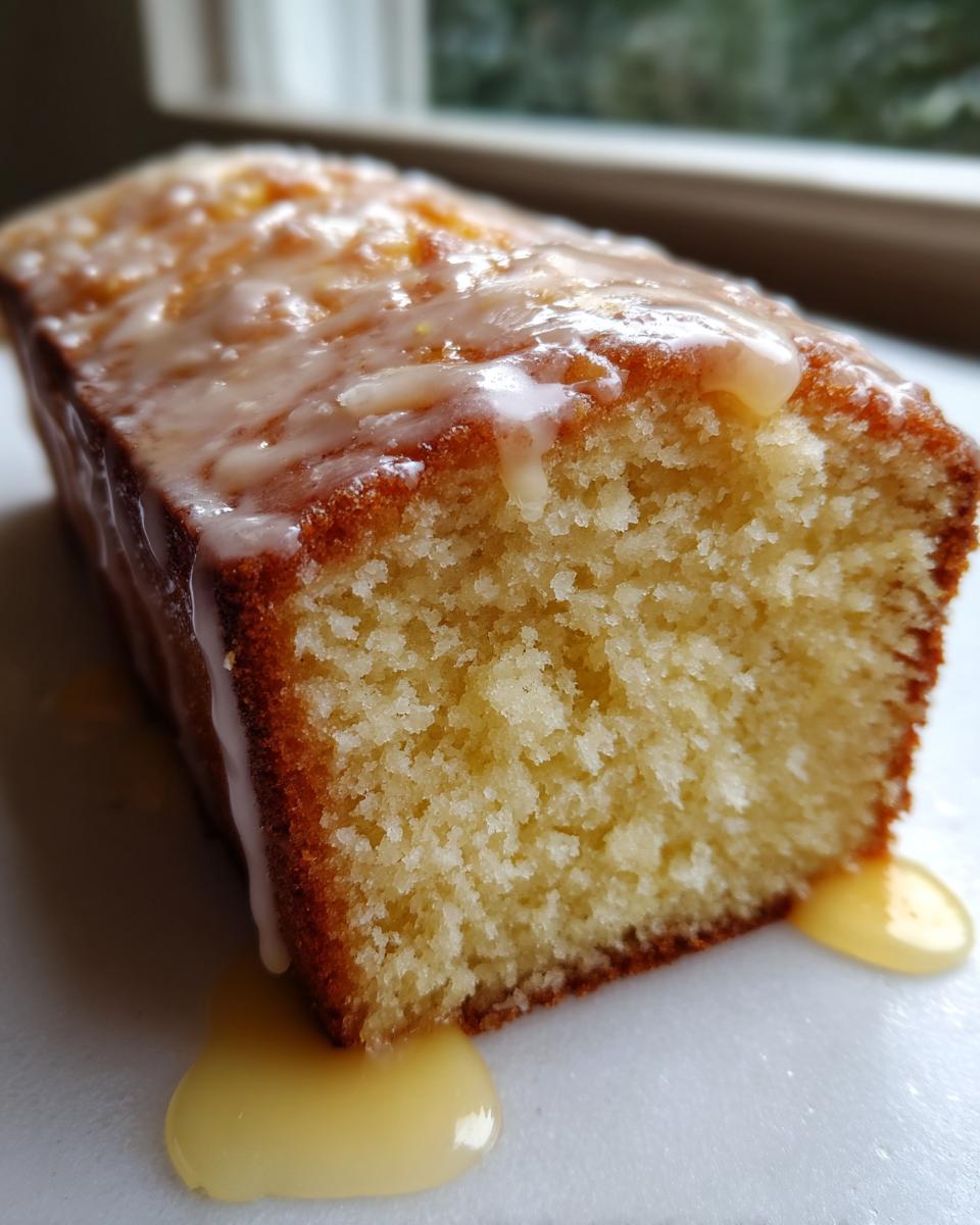 Close-up of a moist slice of lemon pound cake topped with a thick, dripping lemon glaze.