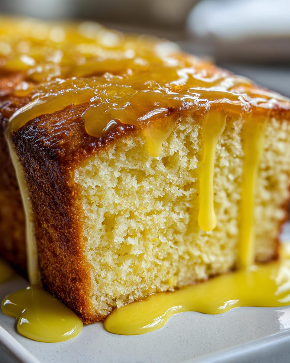 Close-up of a moist lemon pound cake slice dripping with a thick, bright yellow lemon glaze.