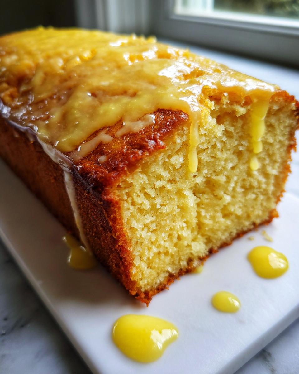 Close-up of a moist lemon pound cake loaf with a thick, dripping lemon glaze on top.