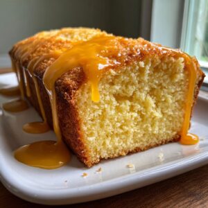 Close-up of a moist orange juice cake loaf drizzled generously with bright orange glaze, served on a white plate.