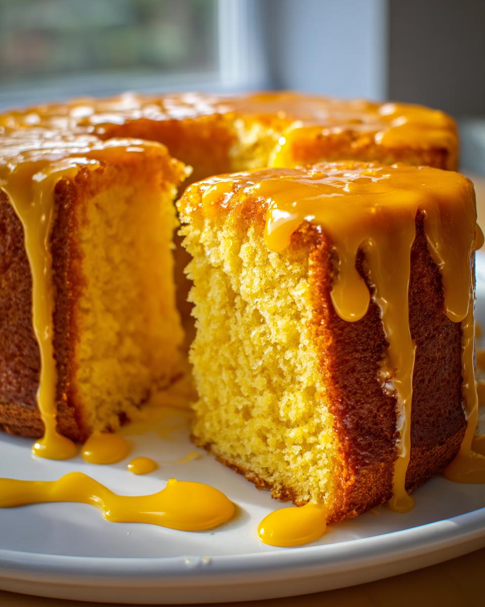 A close-up of a moist orange juice cake slice, generously covered in a dripping, bright orange glaze.