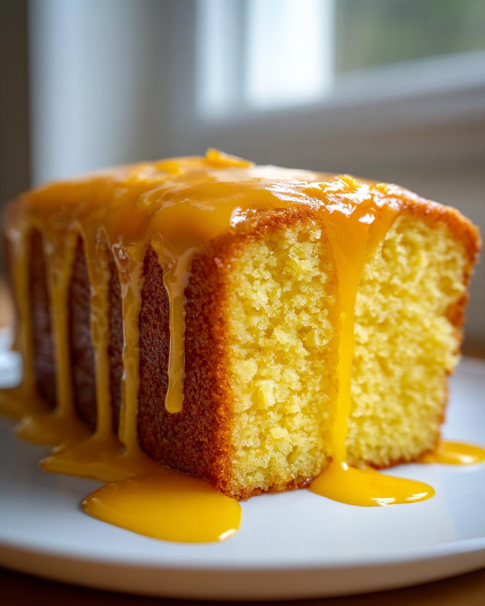 Close-up of a moist orange juice cake slice topped with a thick, dripping orange glaze.