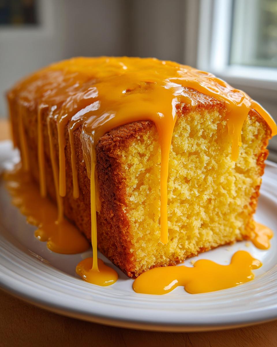 A close-up of a slice of moist orange juice cake topped with a thick, dripping orange glaze.