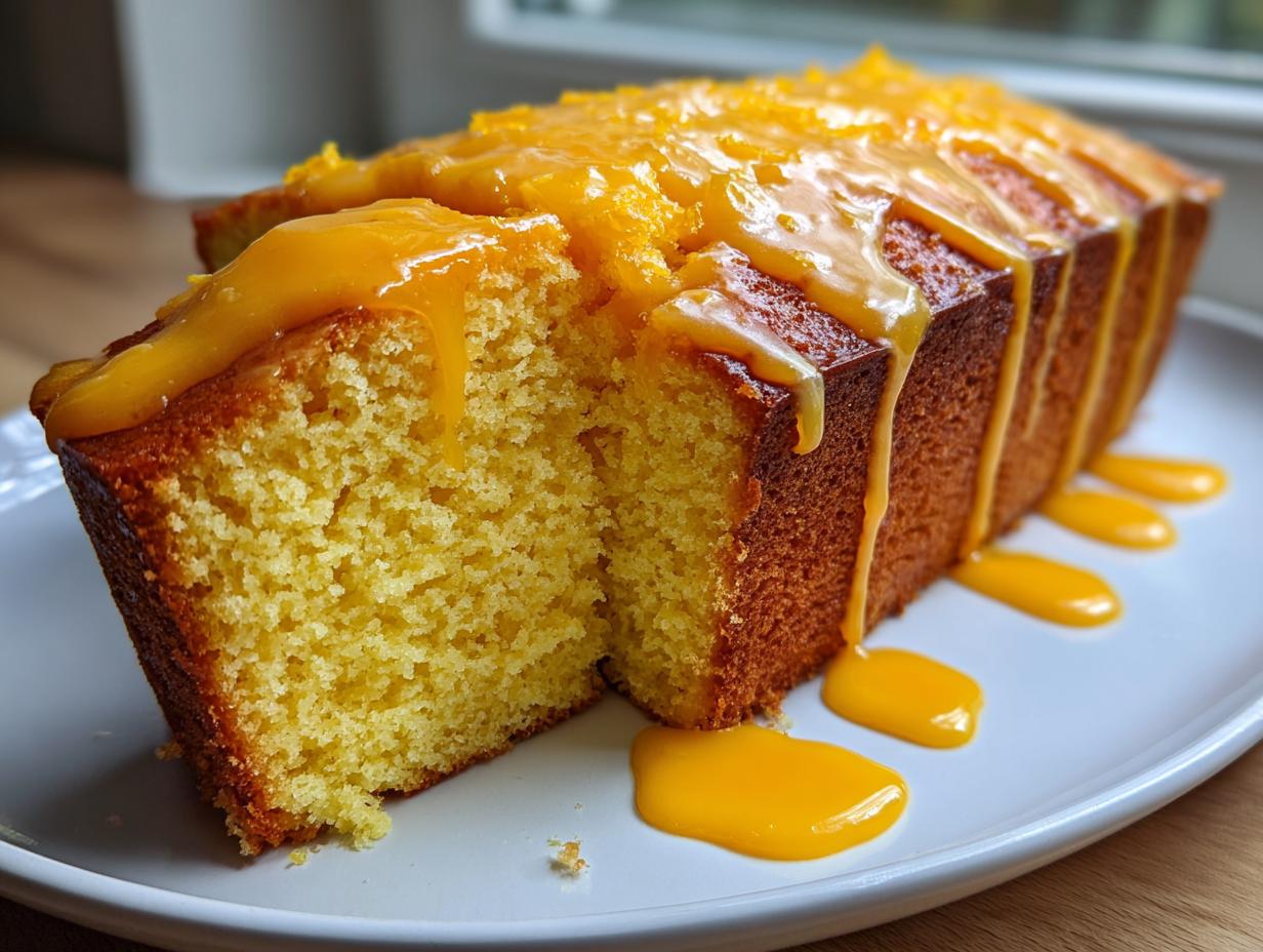 Close-up of a moist orange juice cake loaf, sliced to show the crumb, topped with a thick orange glaze.