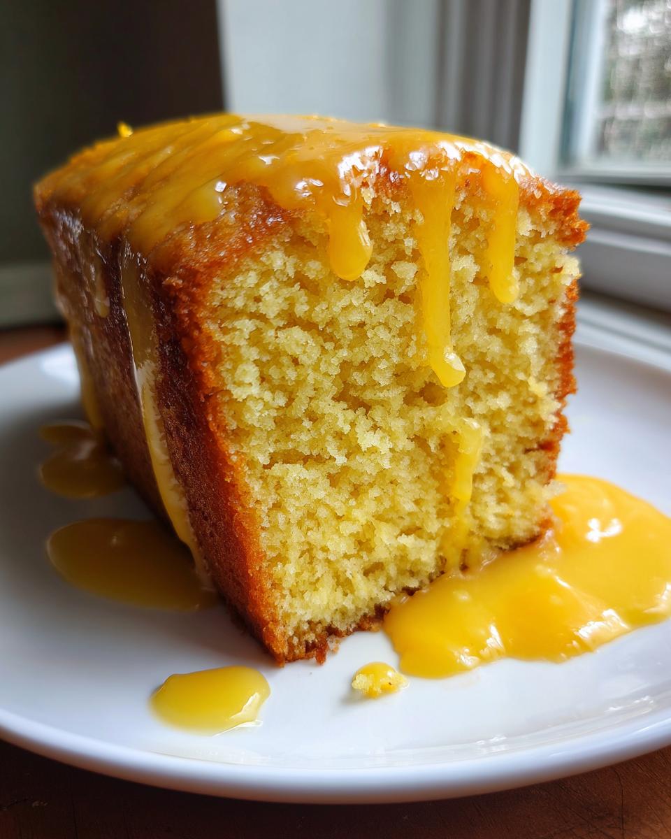 Close-up of a moist slice of orange juice cake topped with a thick, dripping orange glaze on a white plate.
