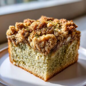 Close-up of a moist slice of pistachio coffee cake featuring a green crumb interior and a thick, crunchy brown streusel topping.