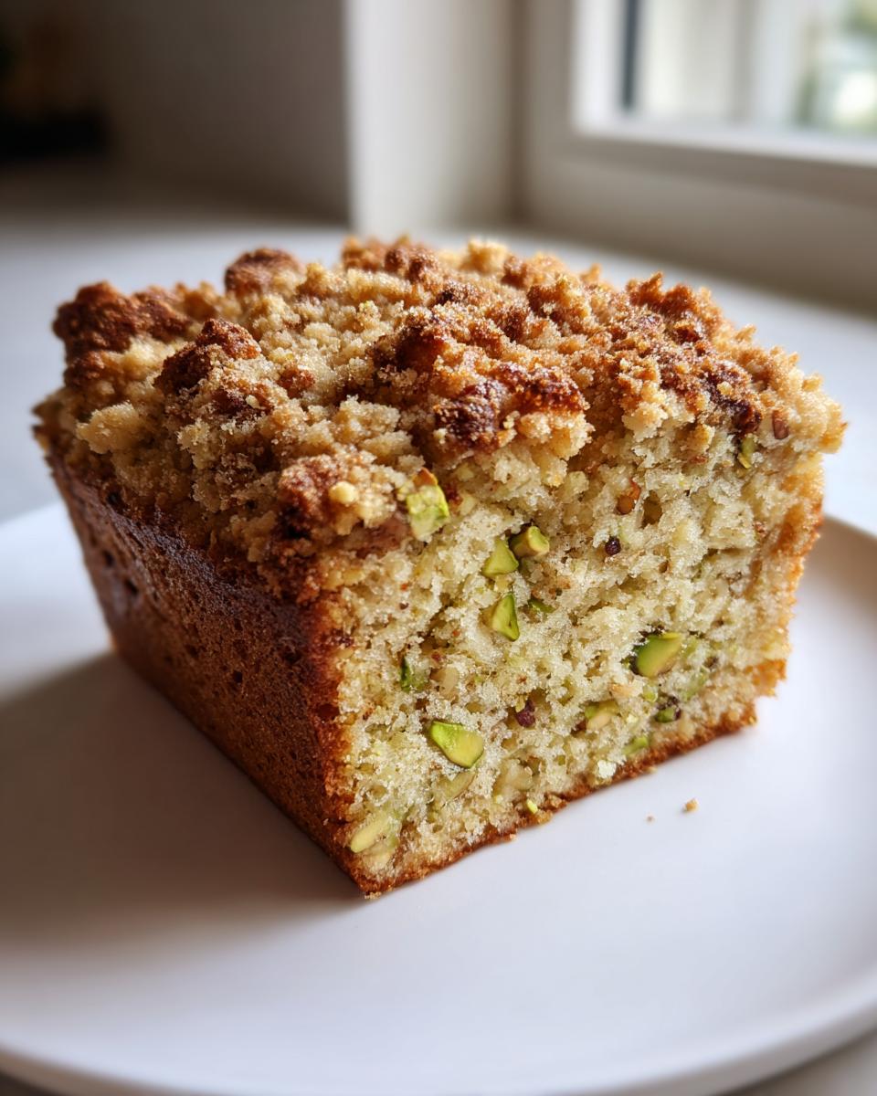 Close-up of a moist slice of pistachio coffee cake topped with a golden brown streusel crumb topping.