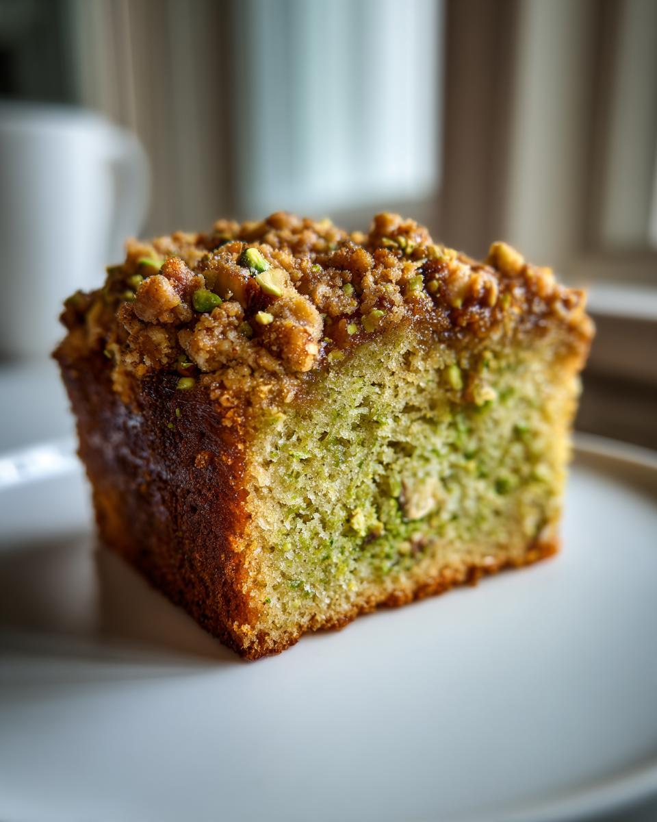 A close-up shot of a moist slice of pistachio coffee cake featuring a vibrant green interior and a crunchy streusel topping.