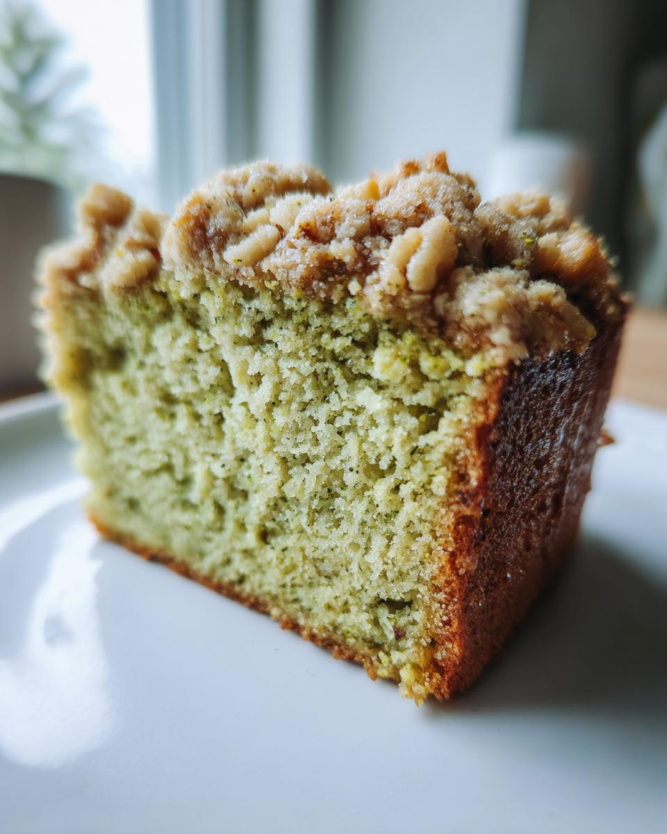 Close-up of a moist slice of pistachio coffee cake showing its green crumb and crunchy streusel topping.